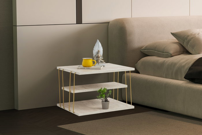 Hanah Home Mesa Auxiliar de Mármol y Oro, Diseño de 2 Niveles, Medidas: 50x40x33 cm